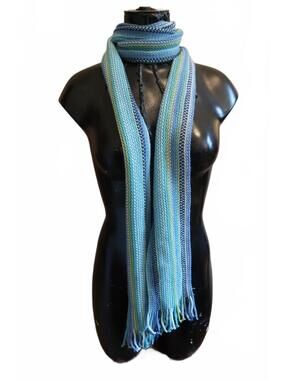 Blue and Green Striped skinny Knit Scarf with Fringe